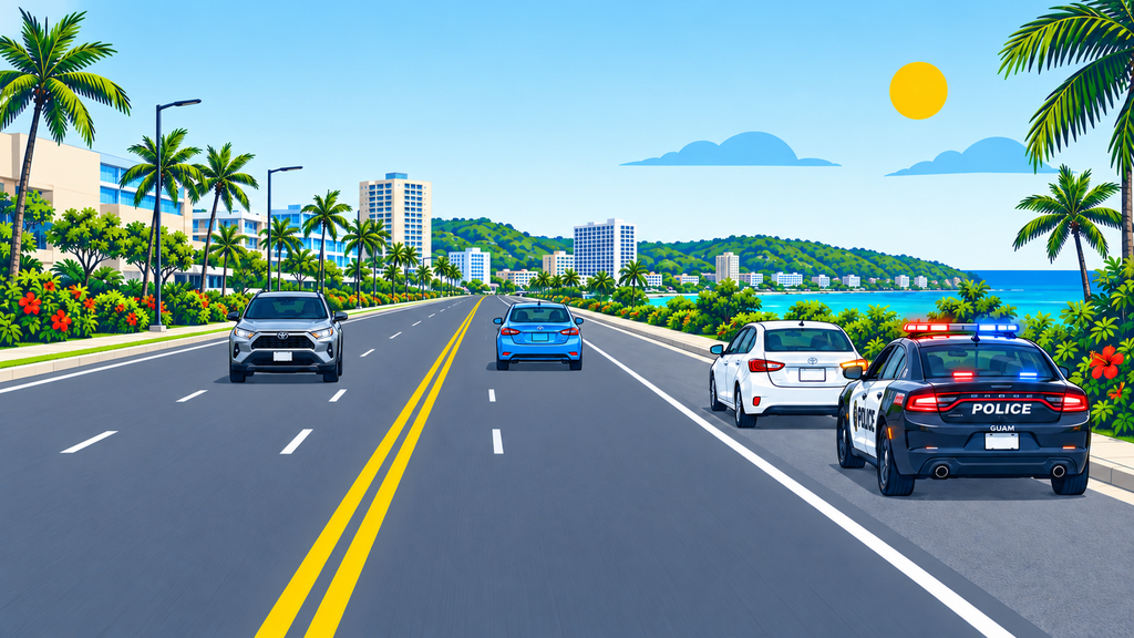 Rental car safely stopped on the right shoulder with a Guam police vehicle behind it