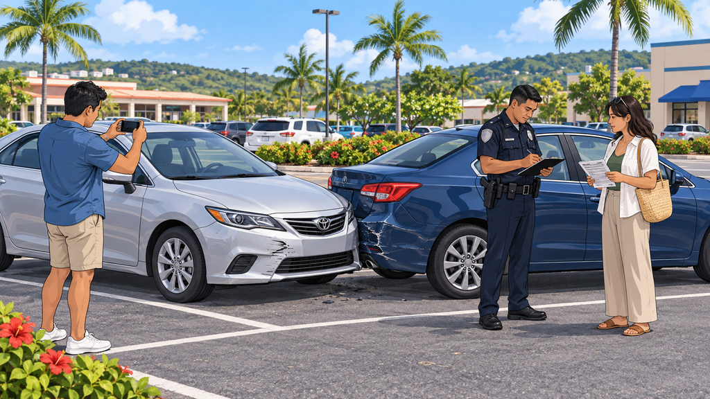Traveler reporting a minor collision in a Guam parking lot while documenting vehicle damage