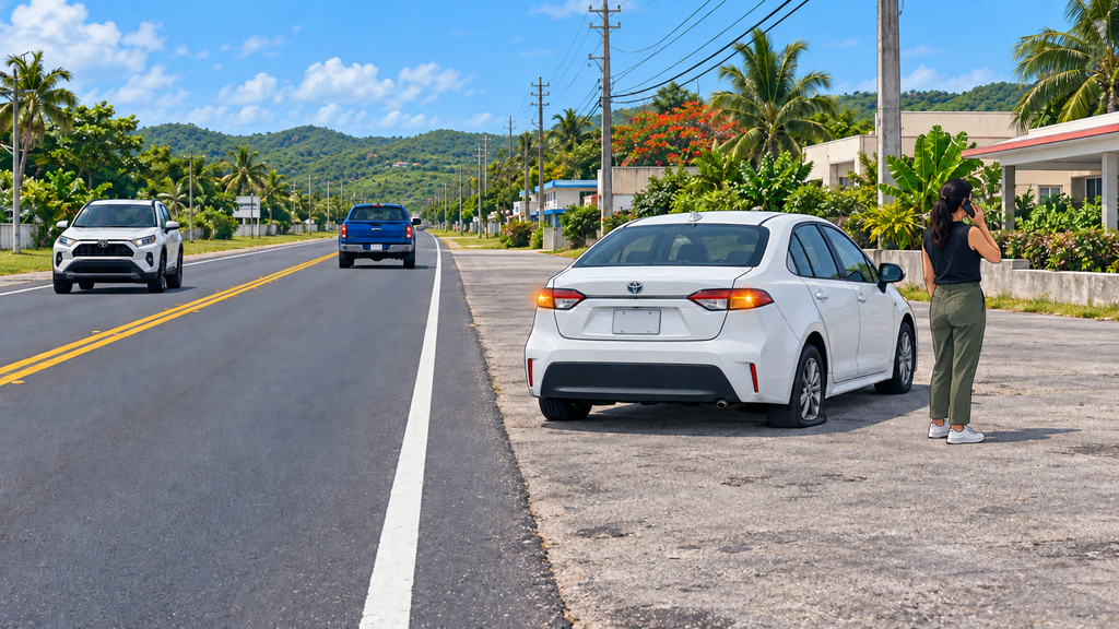 Driver calling about a flat tire after stopping completely off a right-hand-traffic road in Guam