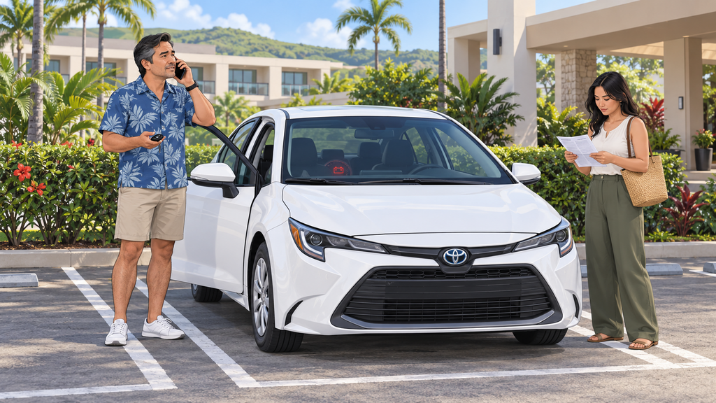 Traveler accurately describing a key or no-start problem by phone in a Guam hotel parking lot
